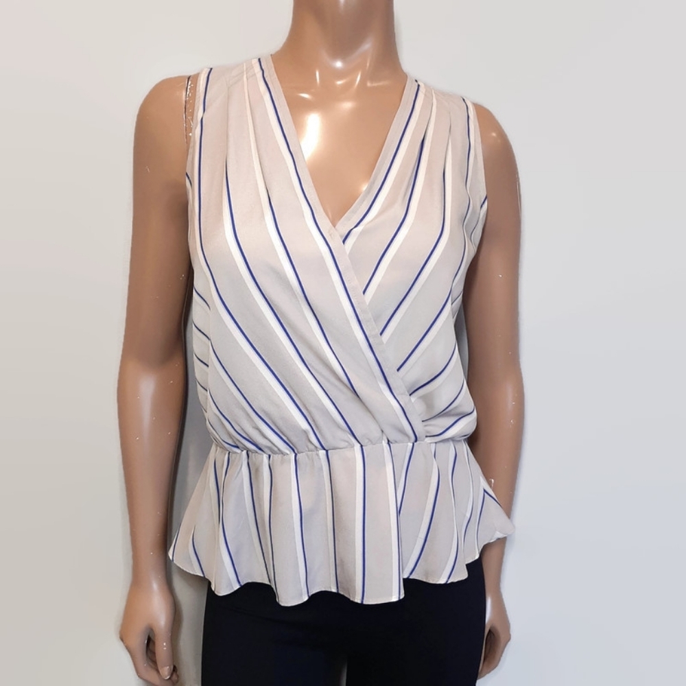 Banana Republic Striped Wrap Peplum Top Sleeveless Pleated Silky Vneck Size XS
